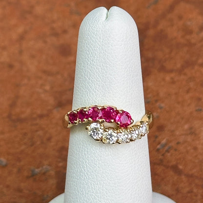 Estate 18KT Yellow Gold Ruby + Diamond Bypass Ring
