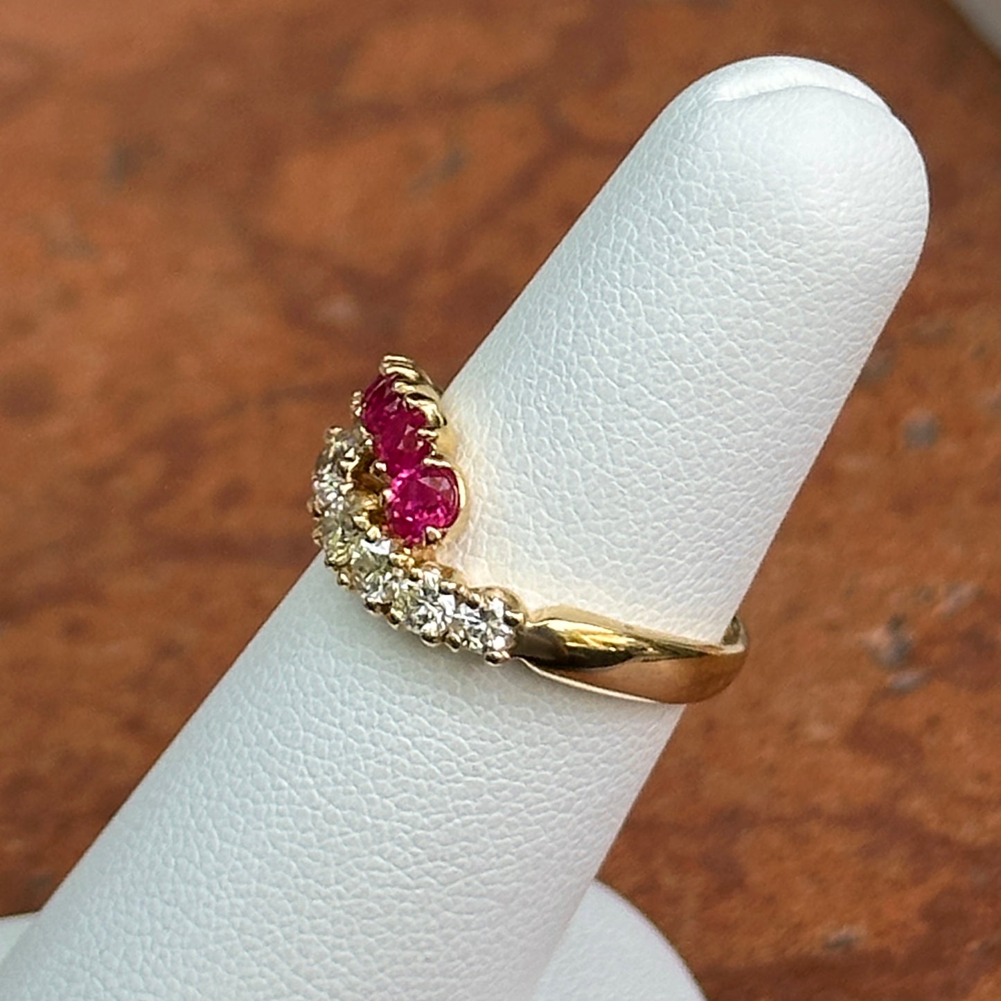 Estate 18KT Yellow Gold Ruby + Diamond Bypass Ring
