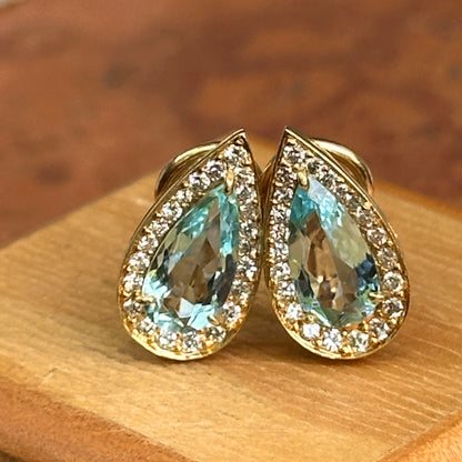 Estate 18KT Yellow Gold Pear Aquamarine + Diamond Halo Earrings