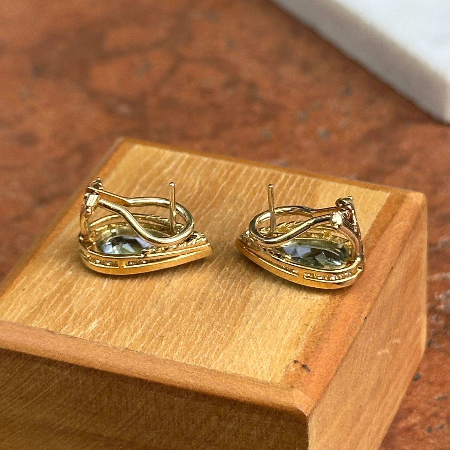 Estate 18KT Yellow Gold Pear Aquamarine + Diamond Halo Earrings