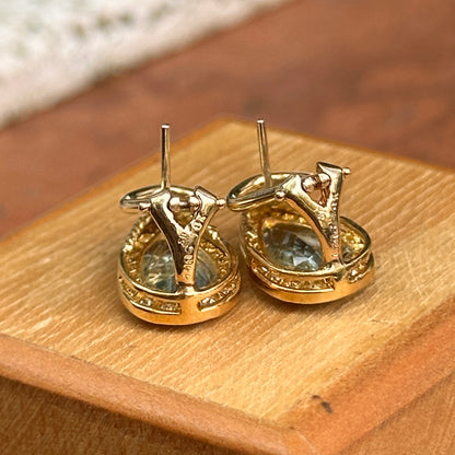Estate 18KT Yellow Gold Pear Aquamarine + Diamond Halo Earrings