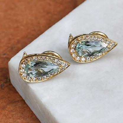 Estate 18KT Yellow Gold Pear Aquamarine + Diamond Halo Earrings