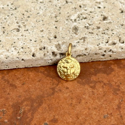 14KT Yellow Gold Lion Head Round Matte Medal Pendant Charm 12mm