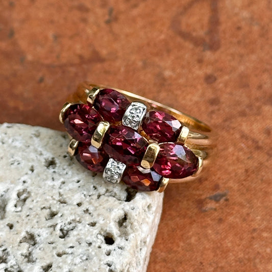 Estate 14KT Yellow Gold Oval Rhodolite Garnet + Diamond Ring