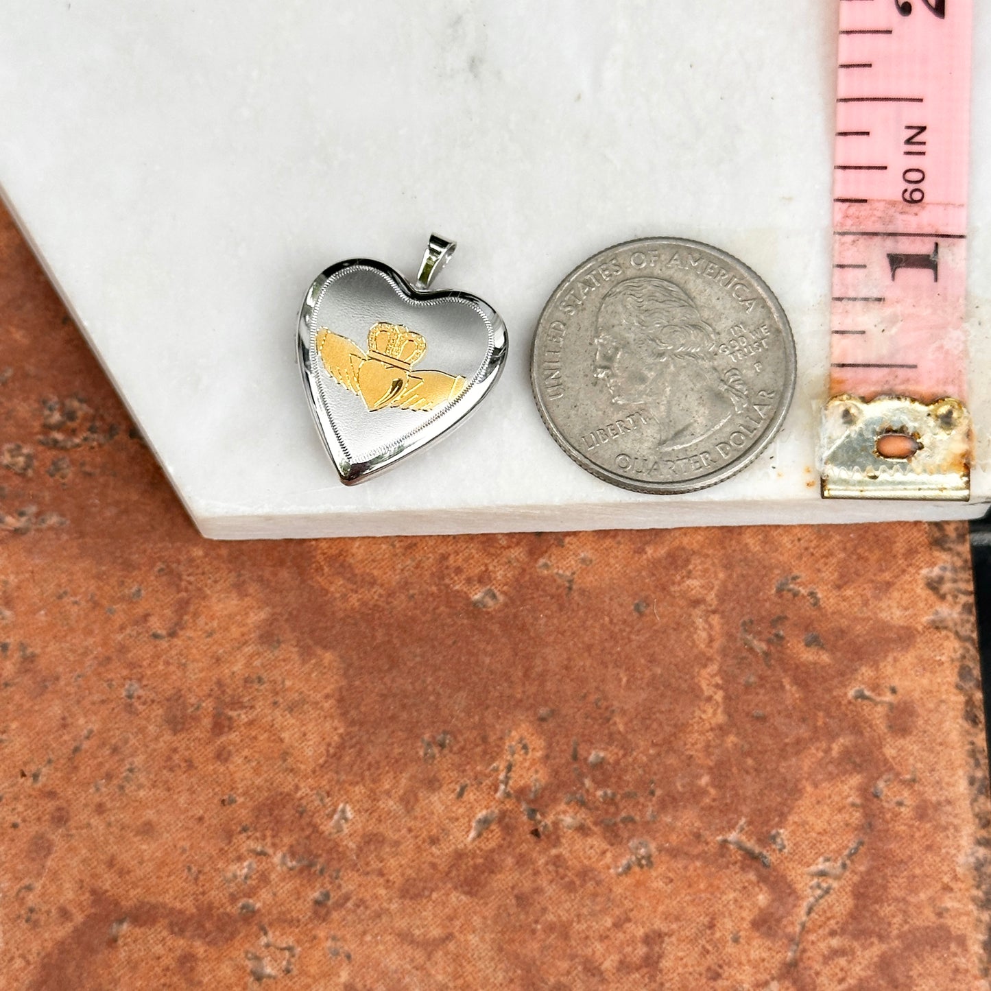 Sterling Silver + Gold Tone Claddagh Design Heart Locket Pendant