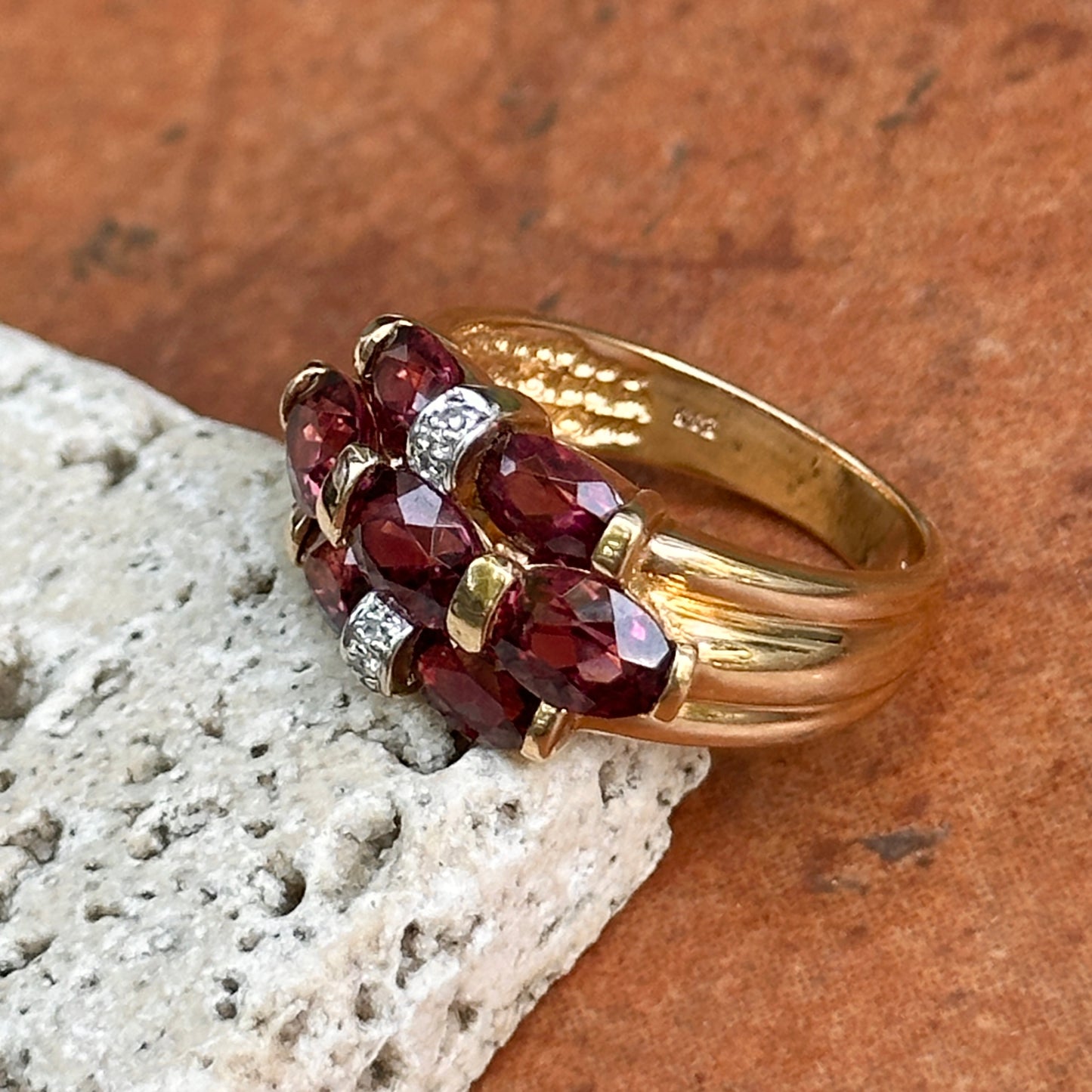 Estate 14KT Yellow Gold Oval Rhodolite Garnet + Diamond Ring