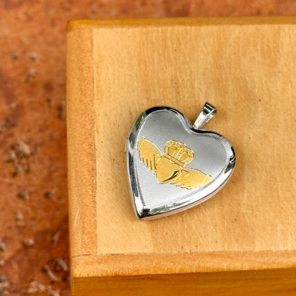 Sterling Silver + Gold Tone Claddagh Design Heart Locket Pendant
