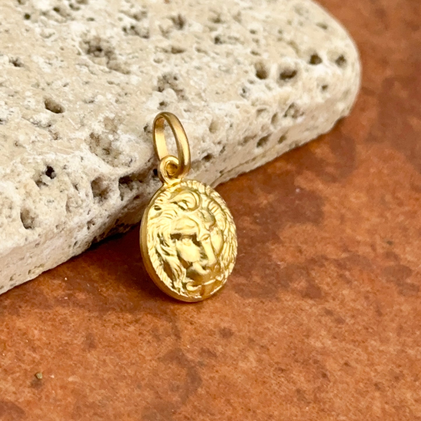 14KT Yellow Gold Lion Head Round Matte Medal Pendant Charm 12mm