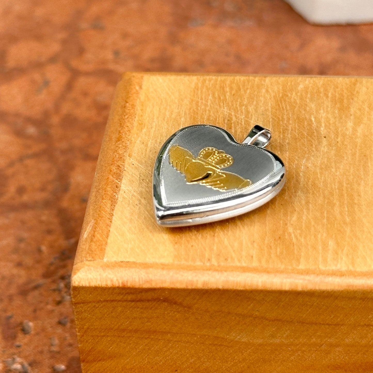 Sterling Silver + Gold Tone Claddagh Design Heart Locket Pendant