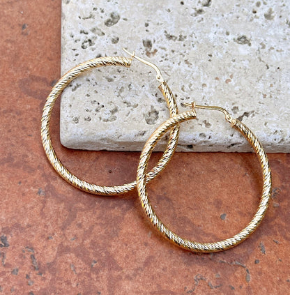 10KT Yellow Gold Diamond-Cut 3mm Round Tube Hoop Earrings 45mm