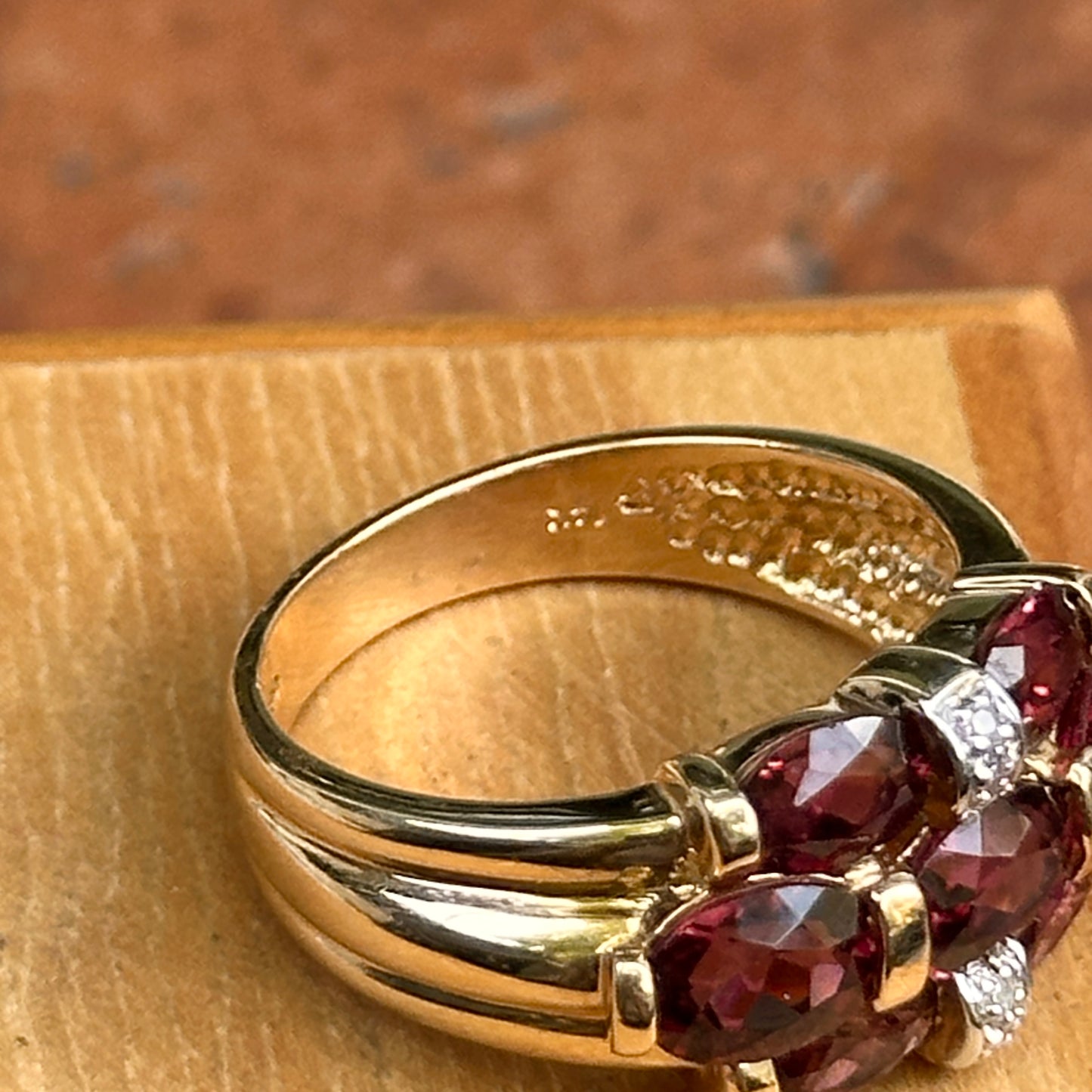 Estate 14KT Yellow Gold Oval Rhodolite Garnet + Diamond Ring