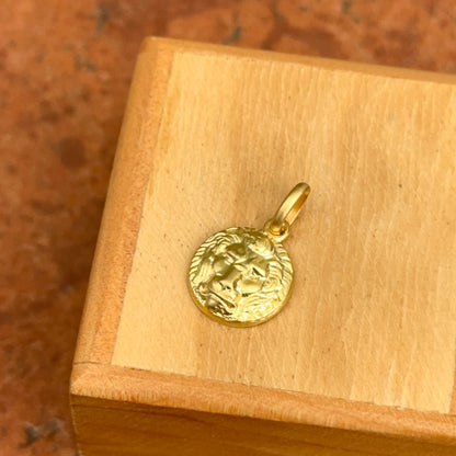 14KT Yellow Gold Lion Head Round Matte Medal Pendant Charm 12mm