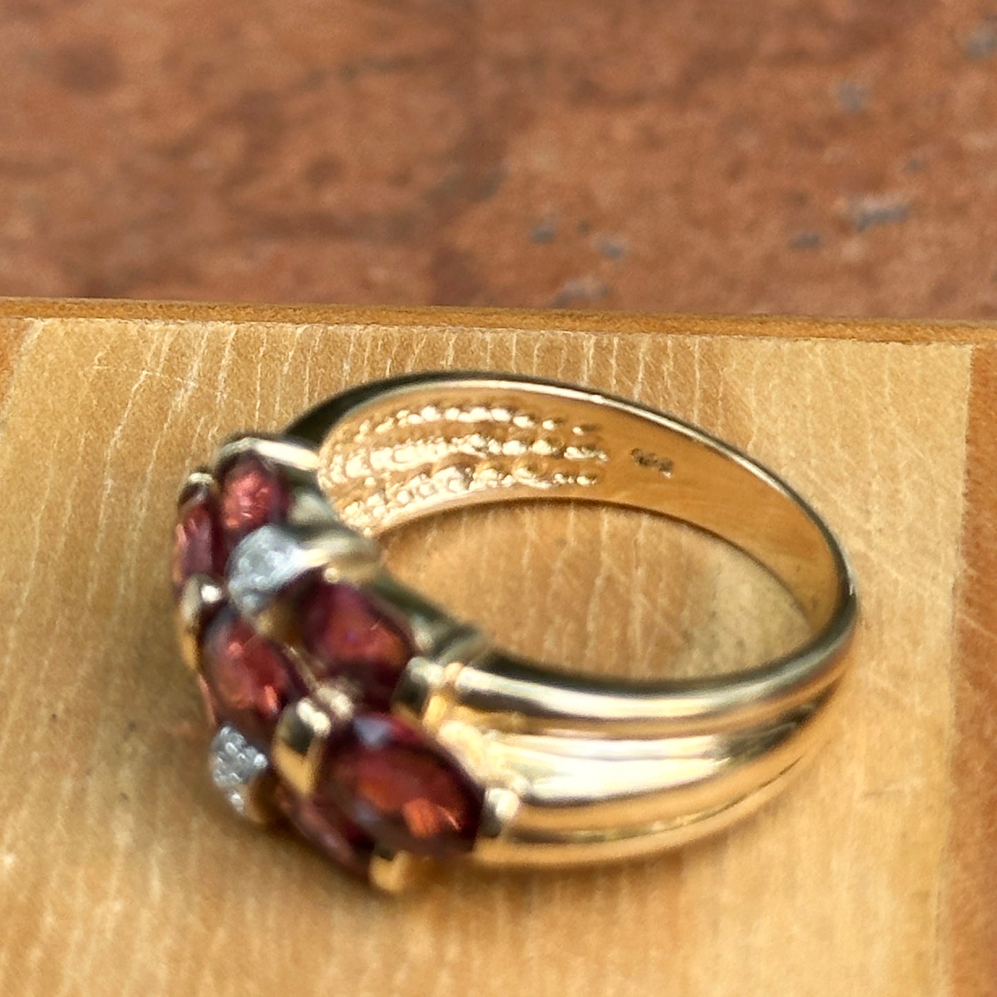 Estate 14KT Yellow Gold Oval Rhodolite Garnet + Diamond Ring