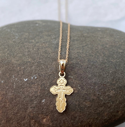 14KT Yellow Gold Small Eastern Orthodox Cross Pendant Necklace