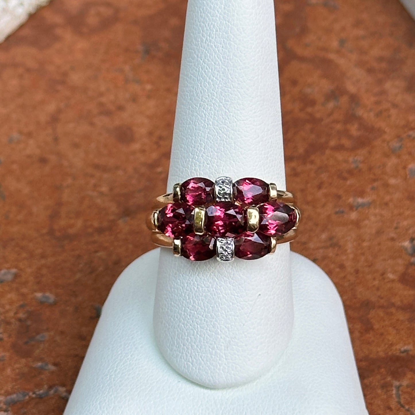 Estate 14KT Yellow Gold Oval Rhodolite Garnet + Diamond Ring
