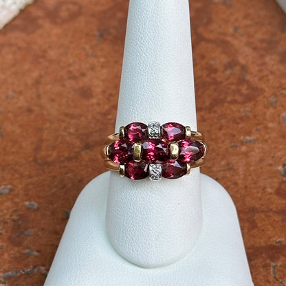 Estate 14KT Yellow Gold Oval Rhodolite Garnet + Diamond Ring
