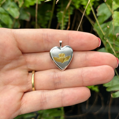 Sterling Silver + Gold Tone Claddagh Design Heart Locket Pendant