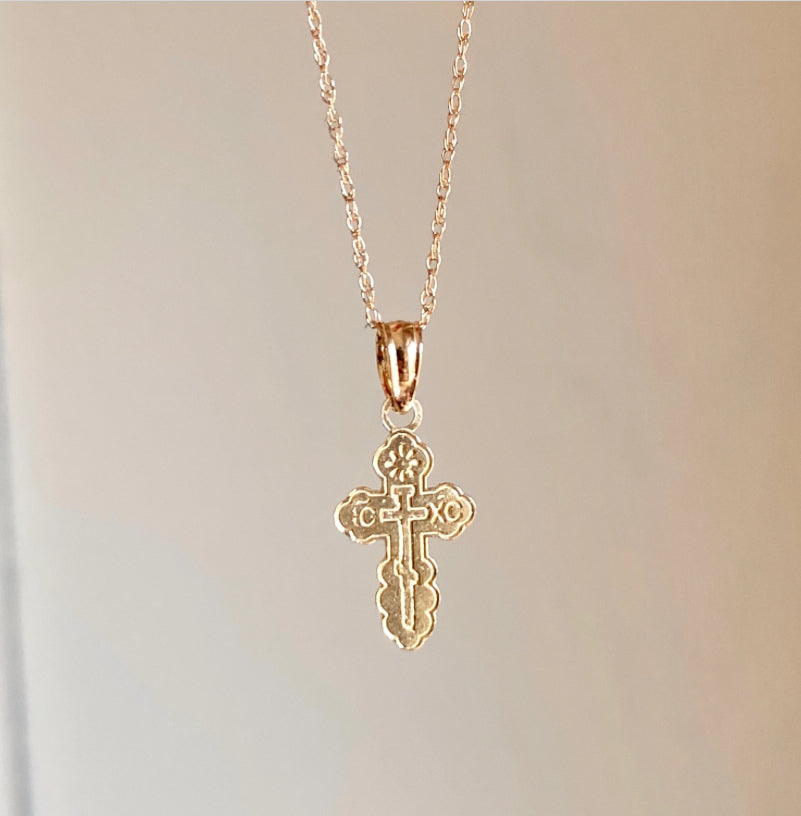 14KT Yellow Gold Small Eastern Orthodox Cross Pendant Necklace