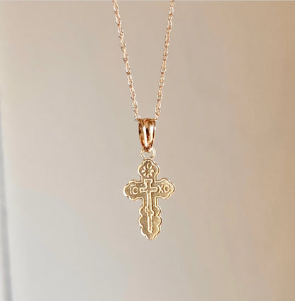 14KT Yellow Gold Small Eastern Orthodox Cross Pendant Necklace