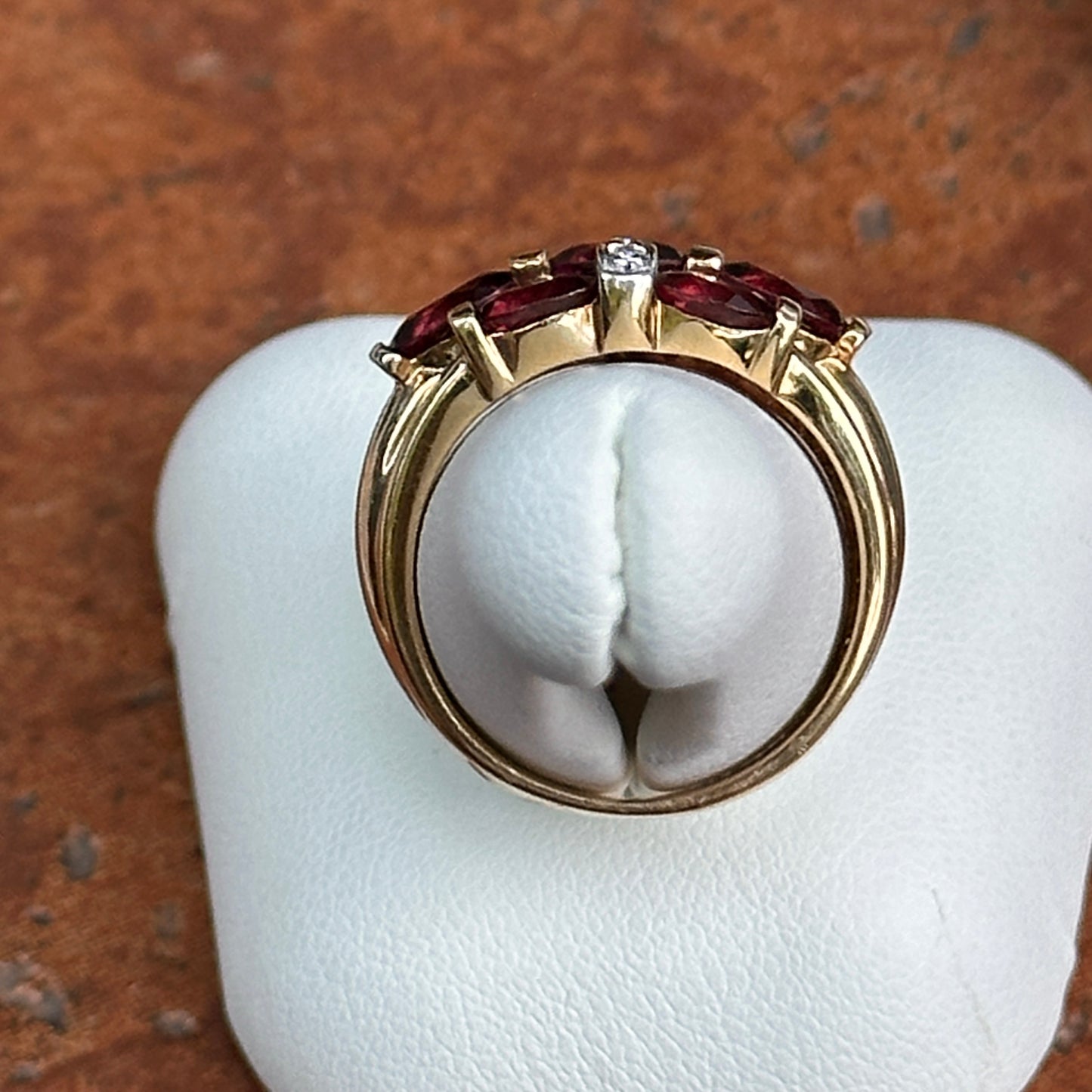 Estate 14KT Yellow Gold Oval Rhodolite Garnet + Diamond Ring