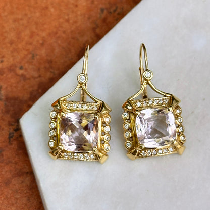 Estate 18KT Yellow Gold Cushion Kunzite + Diamond Drop Earrings