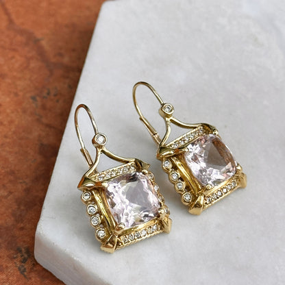 Estate 18KT Yellow Gold Cushion Kunzite + Diamond Drop Earrings