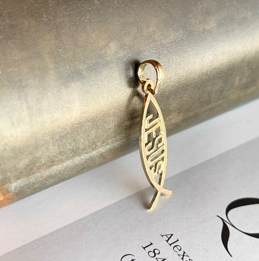 10KT Yellow Gold Ichthus Religious Jesus Fish Vertical Pendant Charm
