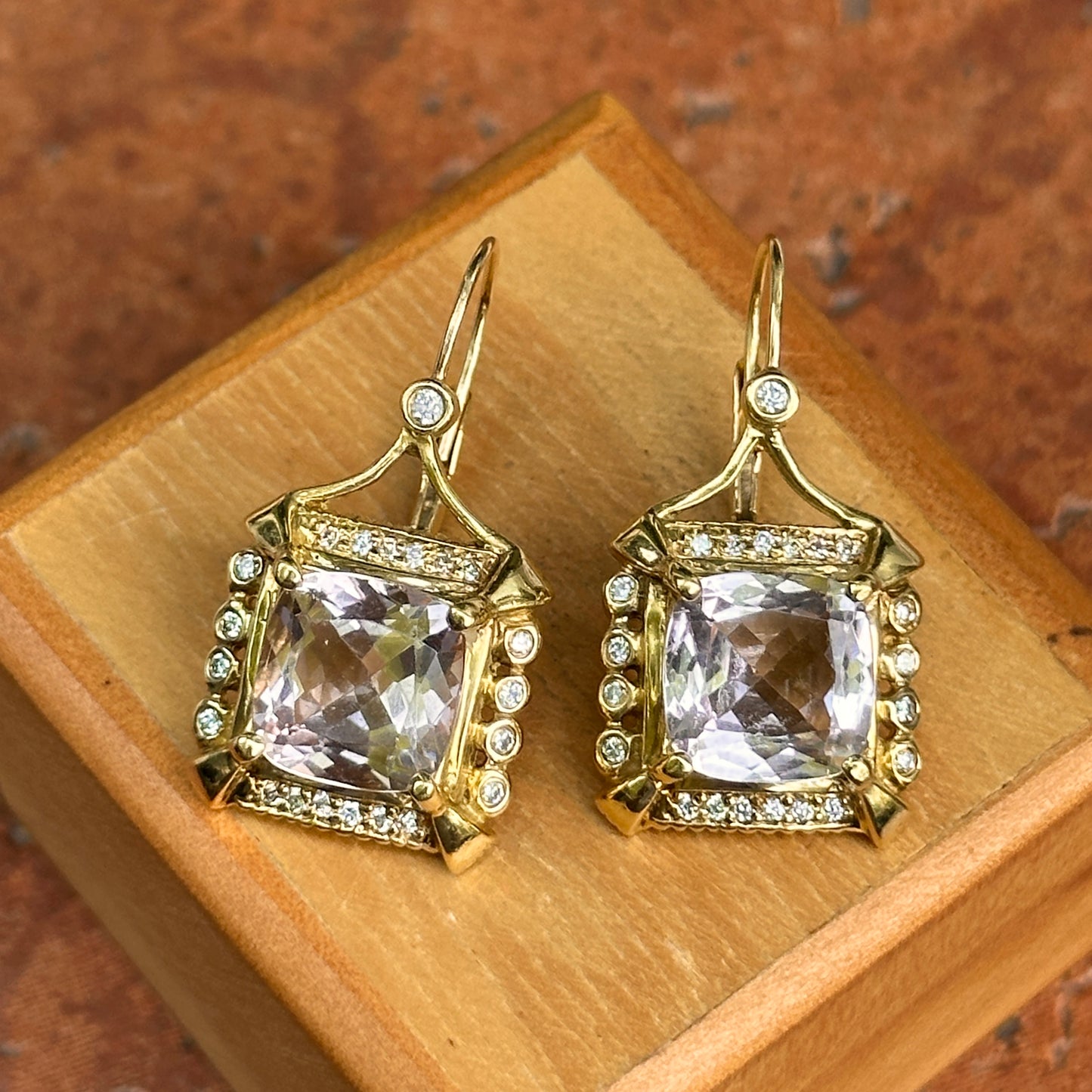 Estate 18KT Yellow Gold Cushion Kunzite + Diamond Drop Earrings