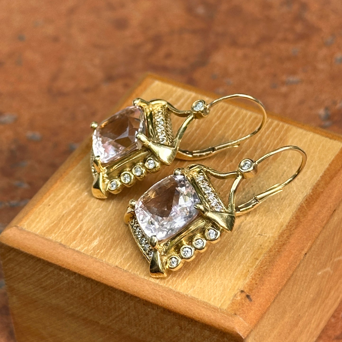 Estate 18KT Yellow Gold Cushion Kunzite + Diamond Drop Earrings