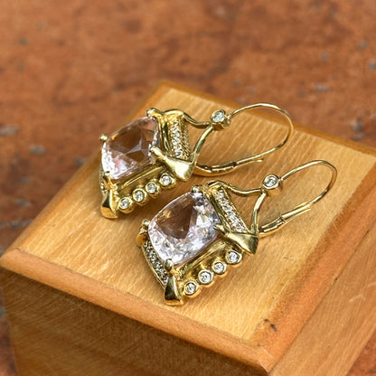 Estate 18KT Yellow Gold Cushion Kunzite + Diamond Drop Earrings