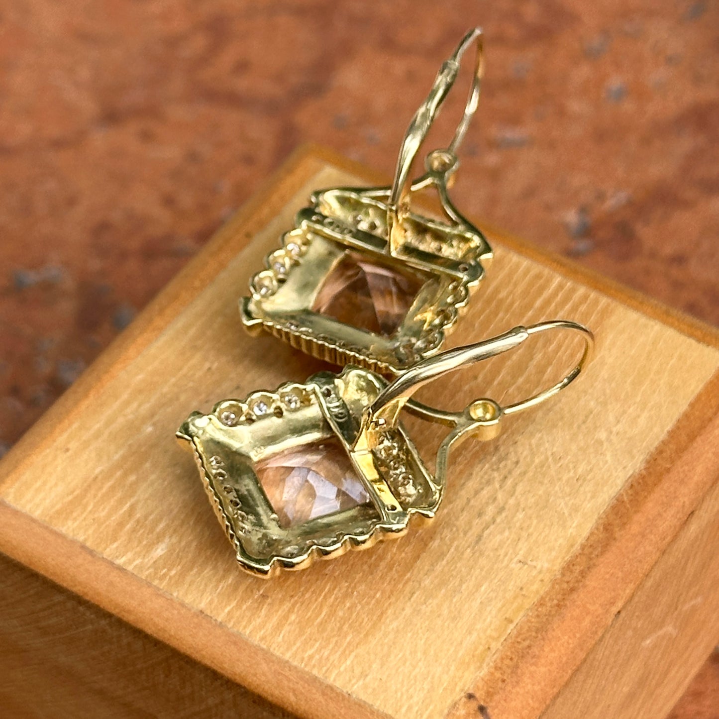 Estate 18KT Yellow Gold Cushion Kunzite + Diamond Drop Earrings