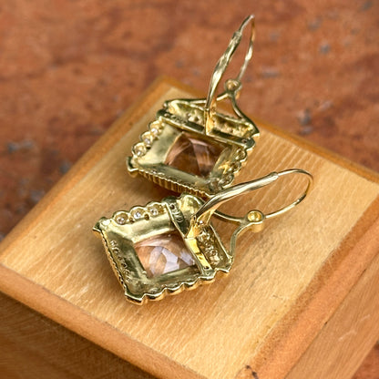 Estate 18KT Yellow Gold Cushion Kunzite + Diamond Drop Earrings