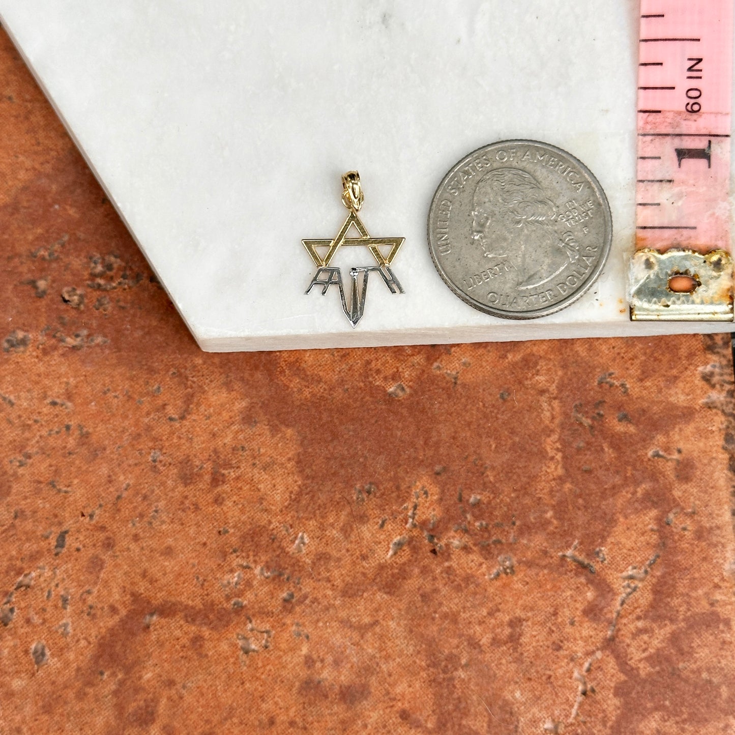 10KT Yellow + White Gold Flat 1/2 Star of David + "FAITH" Charm Pendant