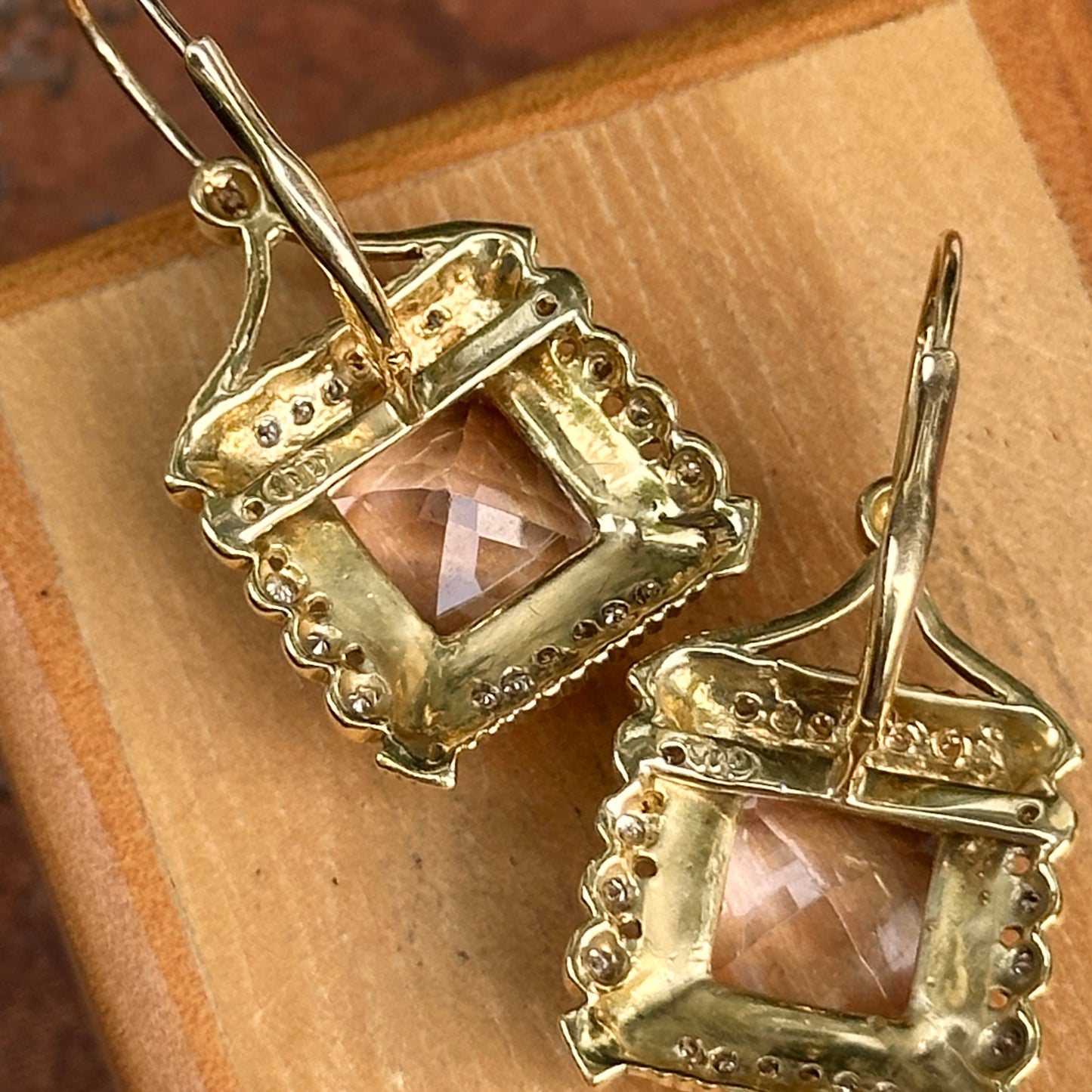 Estate 18KT Yellow Gold Cushion Kunzite + Diamond Drop Earrings
