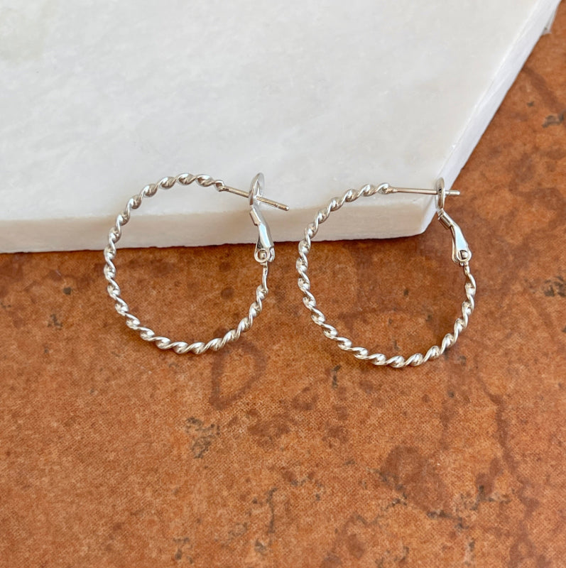 Sterling Silver Twisted Round Omega Back Hoop Earrings 27mm