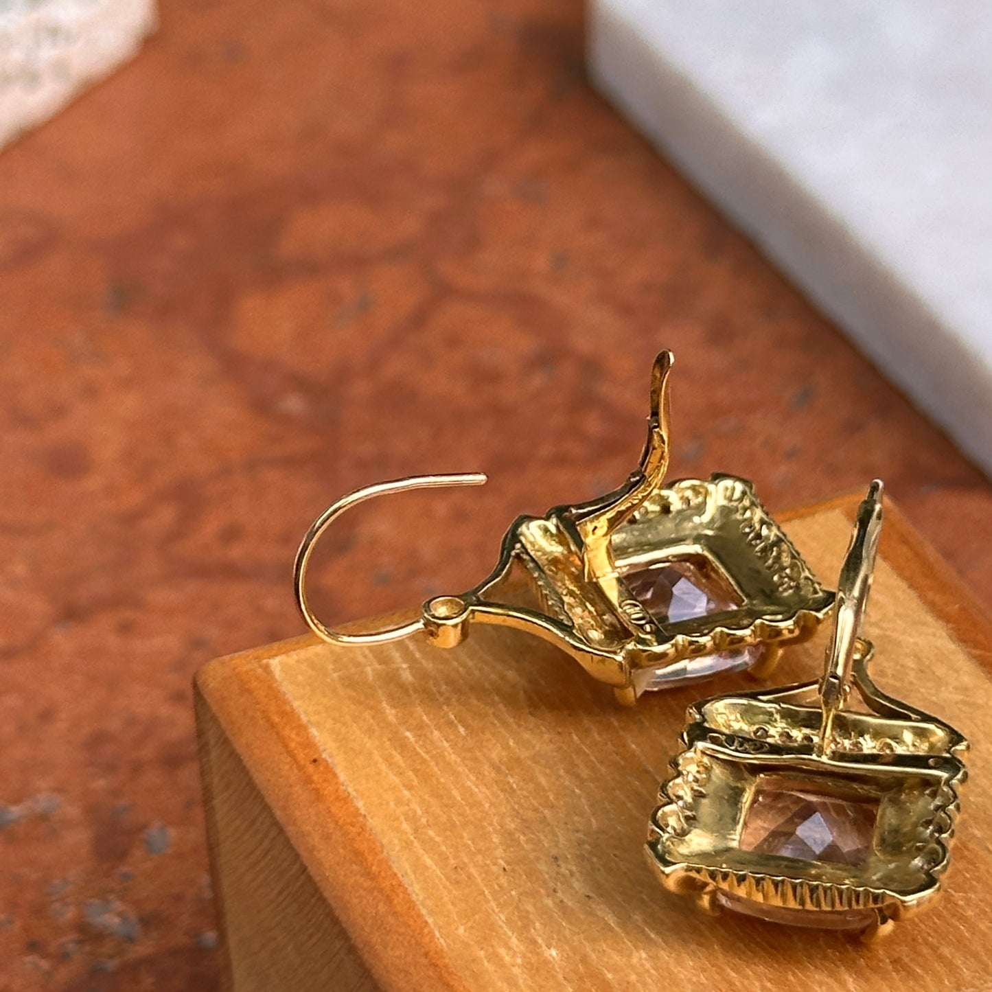 Estate 18KT Yellow Gold Cushion Kunzite + Diamond Drop Earrings