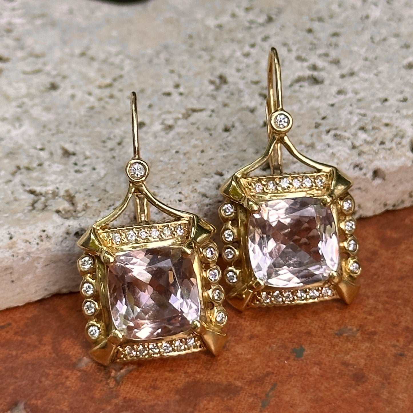 Estate 18KT Yellow Gold Cushion Kunzite + Diamond Drop Earrings