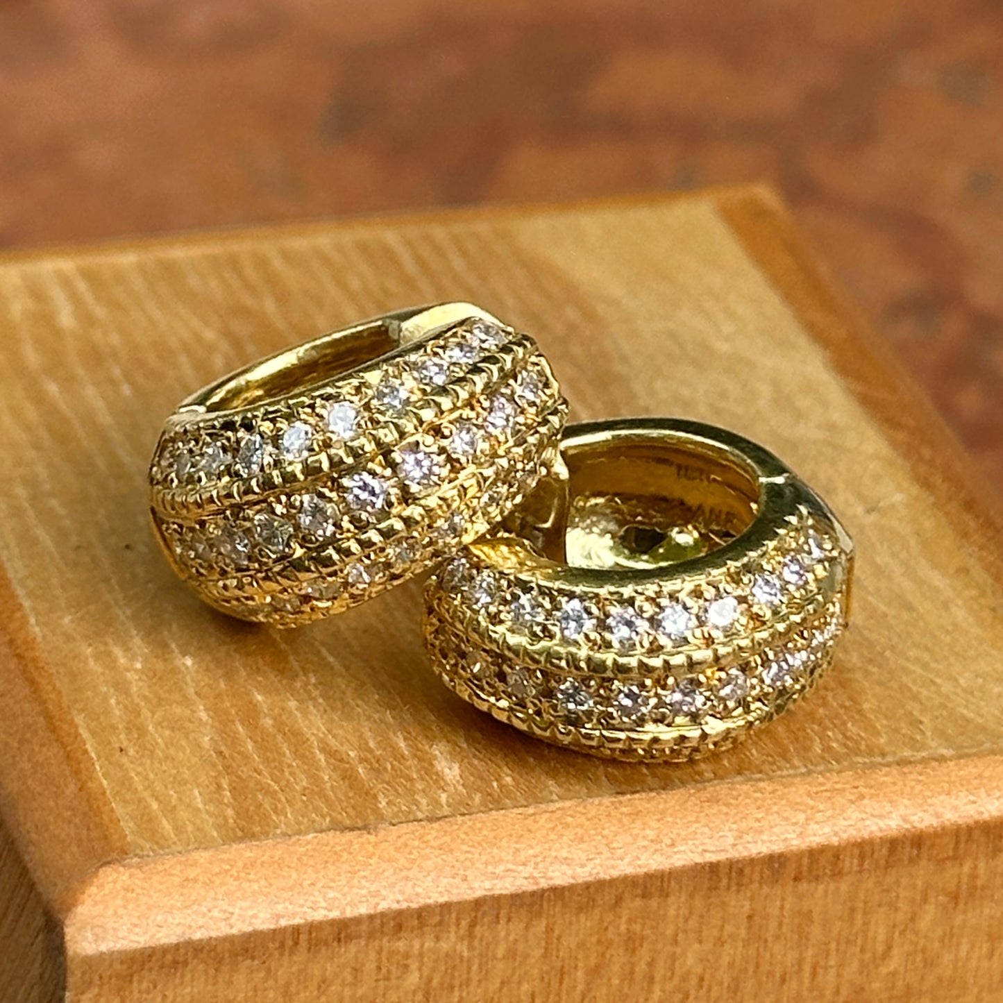 Estate 18KT Yellow Gold Diamond Beaded Huggie Hoop Earrings