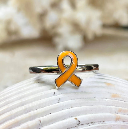 Sterling Silver Orange Enamel Kidney + Leukemia Cancer Awareness Ribbon Ring