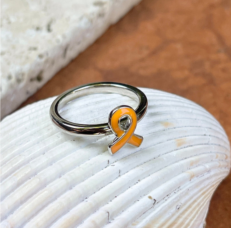 Sterling Silver Orange Enamel Kidney + Leukemia Cancer Awareness Ribbon Ring