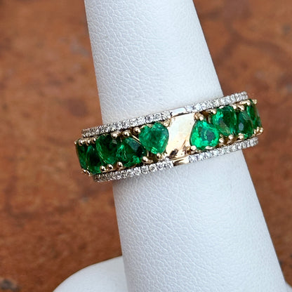 Estate 14KT Yellow Gold Heart Emerald + Diamond Eternity Ring