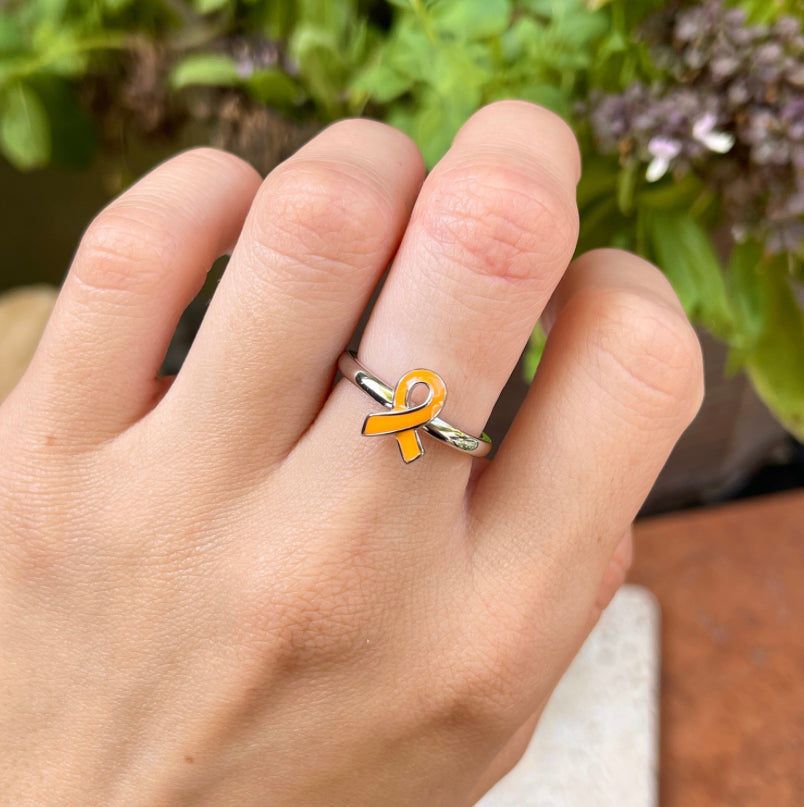 Sterling Silver Orange Enamel Kidney + Leukemia Cancer Awareness Ribbon Ring