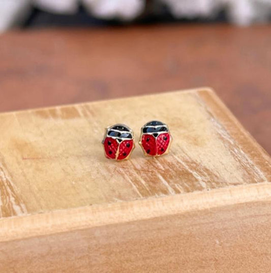 14KT Yellow Gold + Red Enamel Mini Ladybug Stud Post Earrings