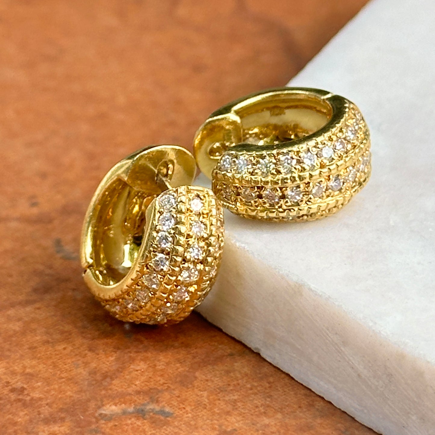 Estate 18KT Yellow Gold Diamond Beaded Huggie Hoop Earrings