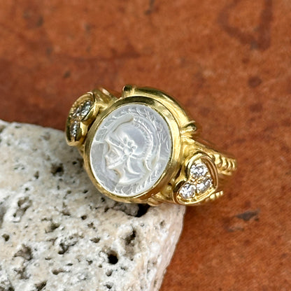 Estate Judith Ripka 18KT Yellow Gold Pearl Intaglio + Diamond Ring