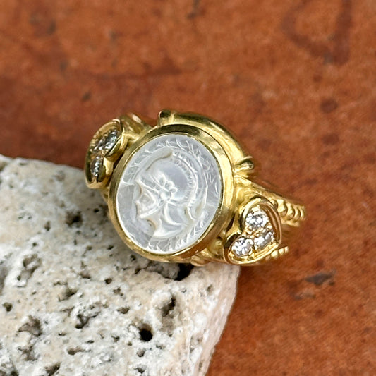 Estate Judith Ripka 18KT Yellow Gold Pearl Intaglio + Diamond Ring