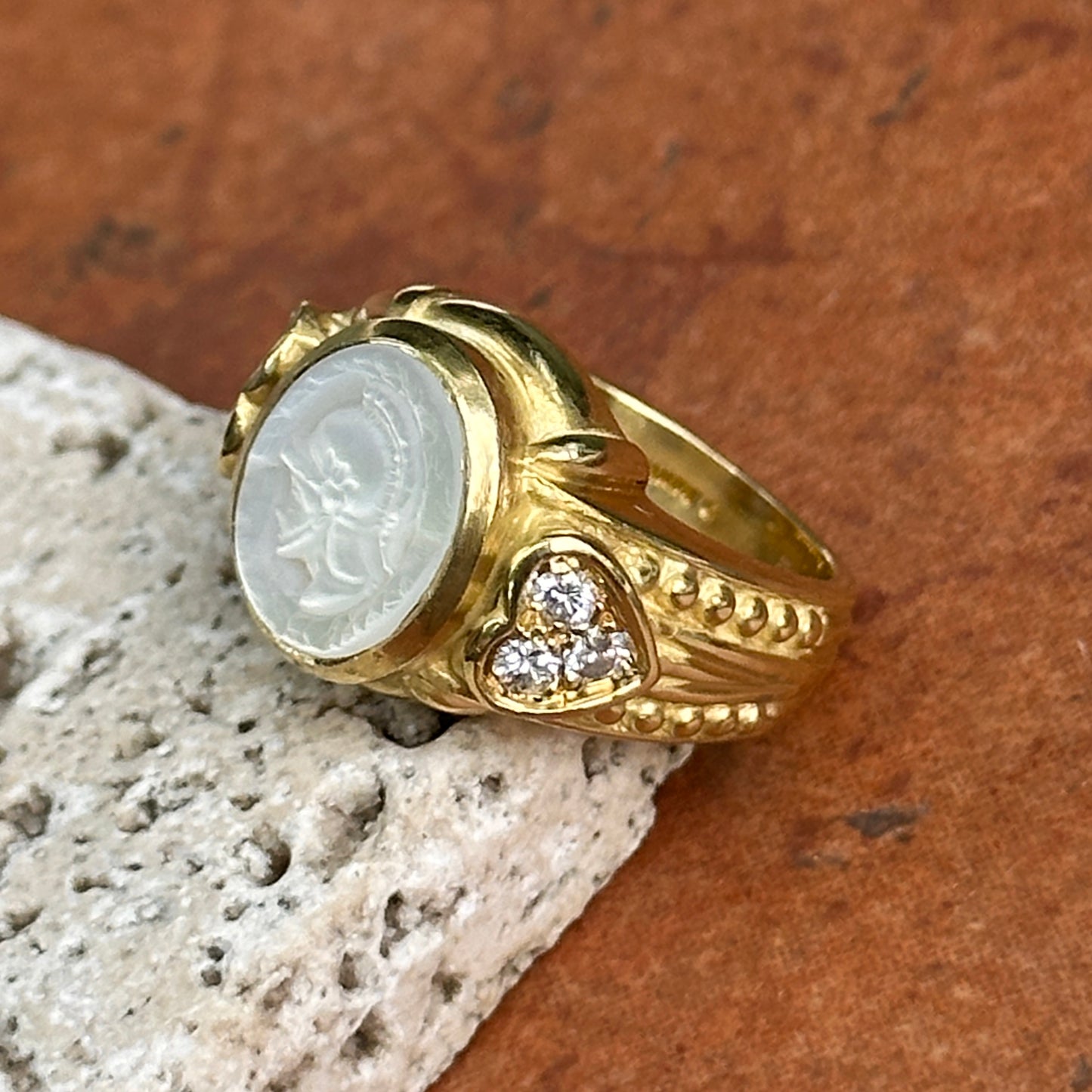 Estate Judith Ripka 18KT Yellow Gold Pearl Intaglio + Diamond Ring