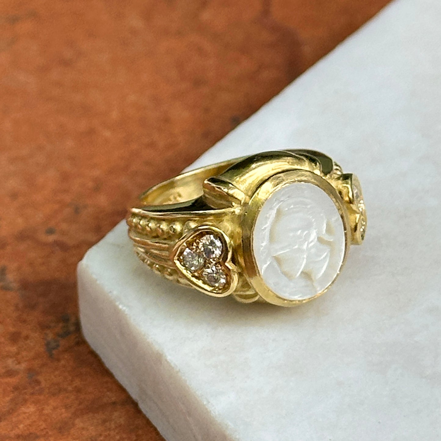 Estate Judith Ripka 18KT Yellow Gold Pearl Intaglio + Diamond Ring