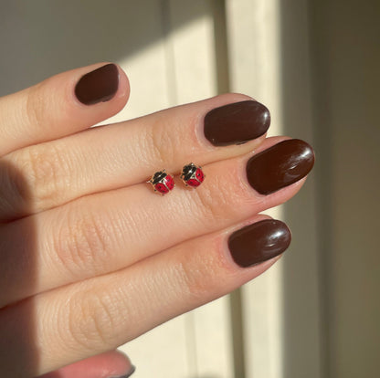 14KT Yellow Gold + Red Enamel Mini Ladybug Stud Post Earrings