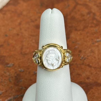 Estate Judith Ripka 18KT Yellow Gold Pearl Intaglio + Diamond Ring